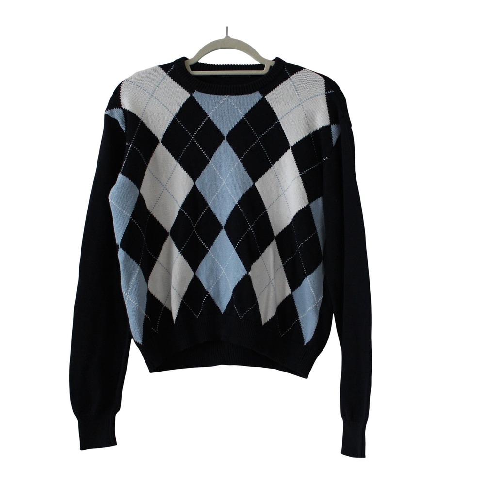 Brandy Melville Argyle Knit Sweater Navy Blue Light Blue White Cotton MN893A S
